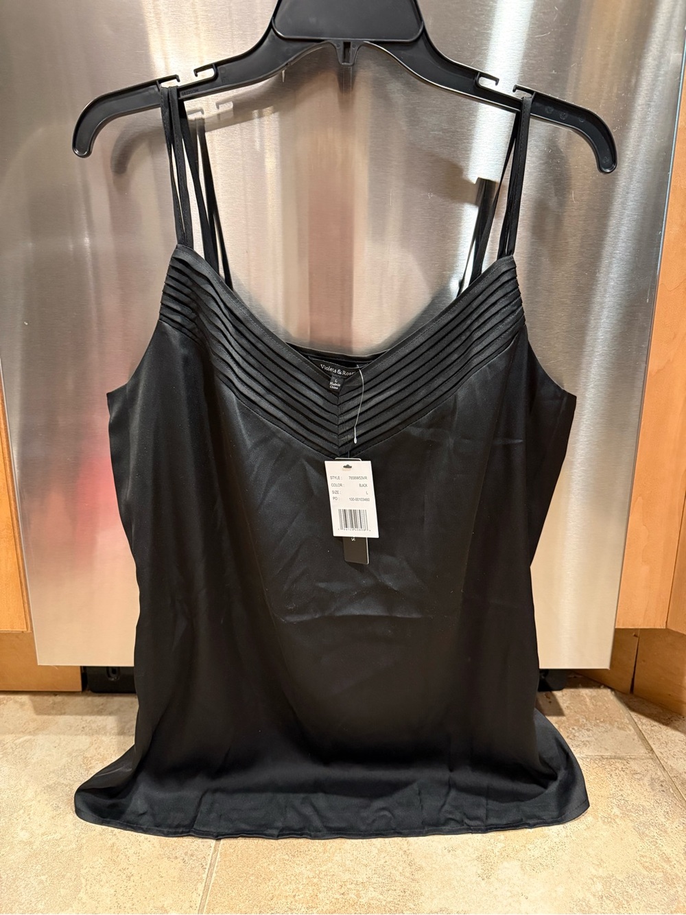 Black Satin V-Neck Pintuck Cami with Double Spaghetti Straps
